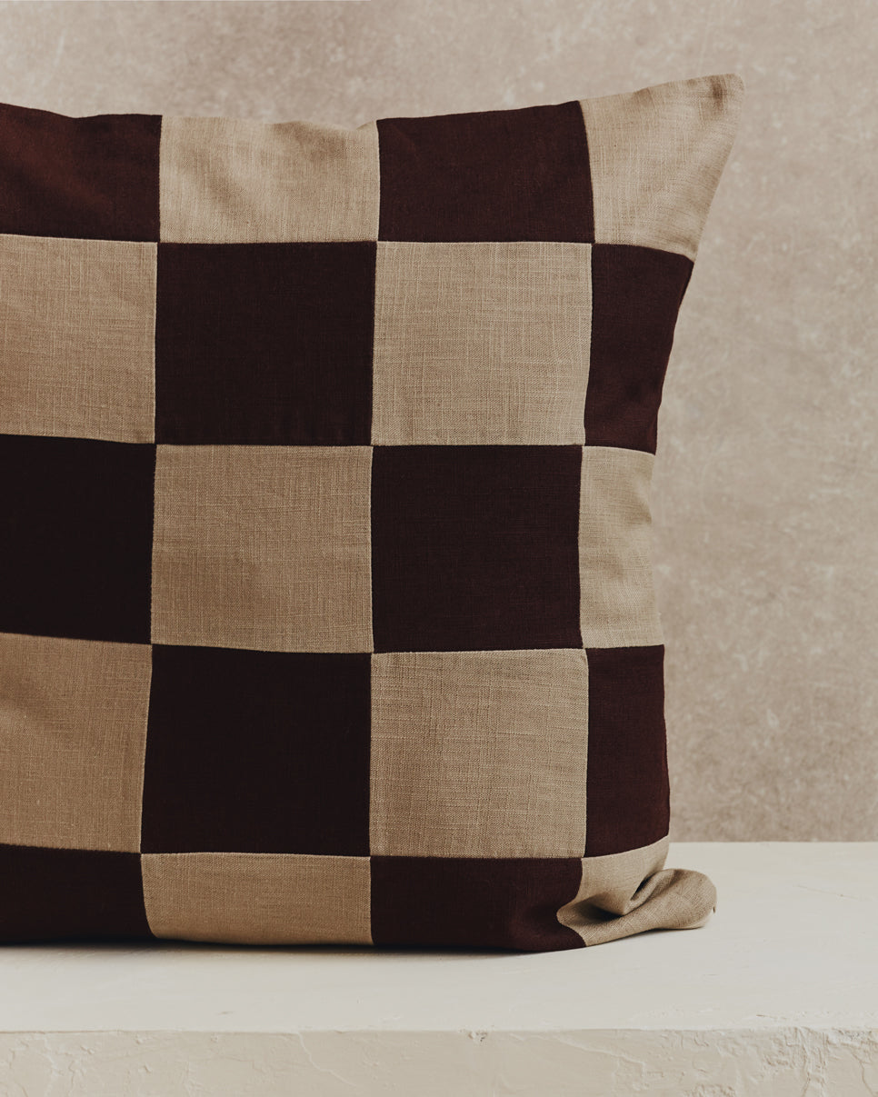 Chequered Cushion Cover | Stone and Espresso