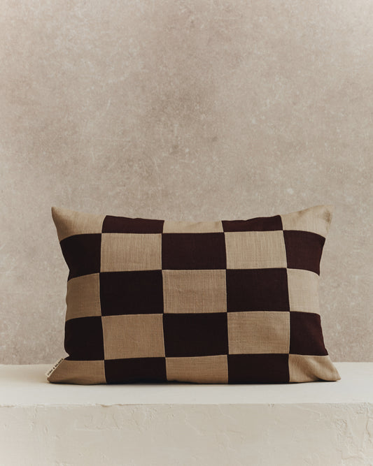 Chequered Rectangle Cushion Cover | Espresso and Stone