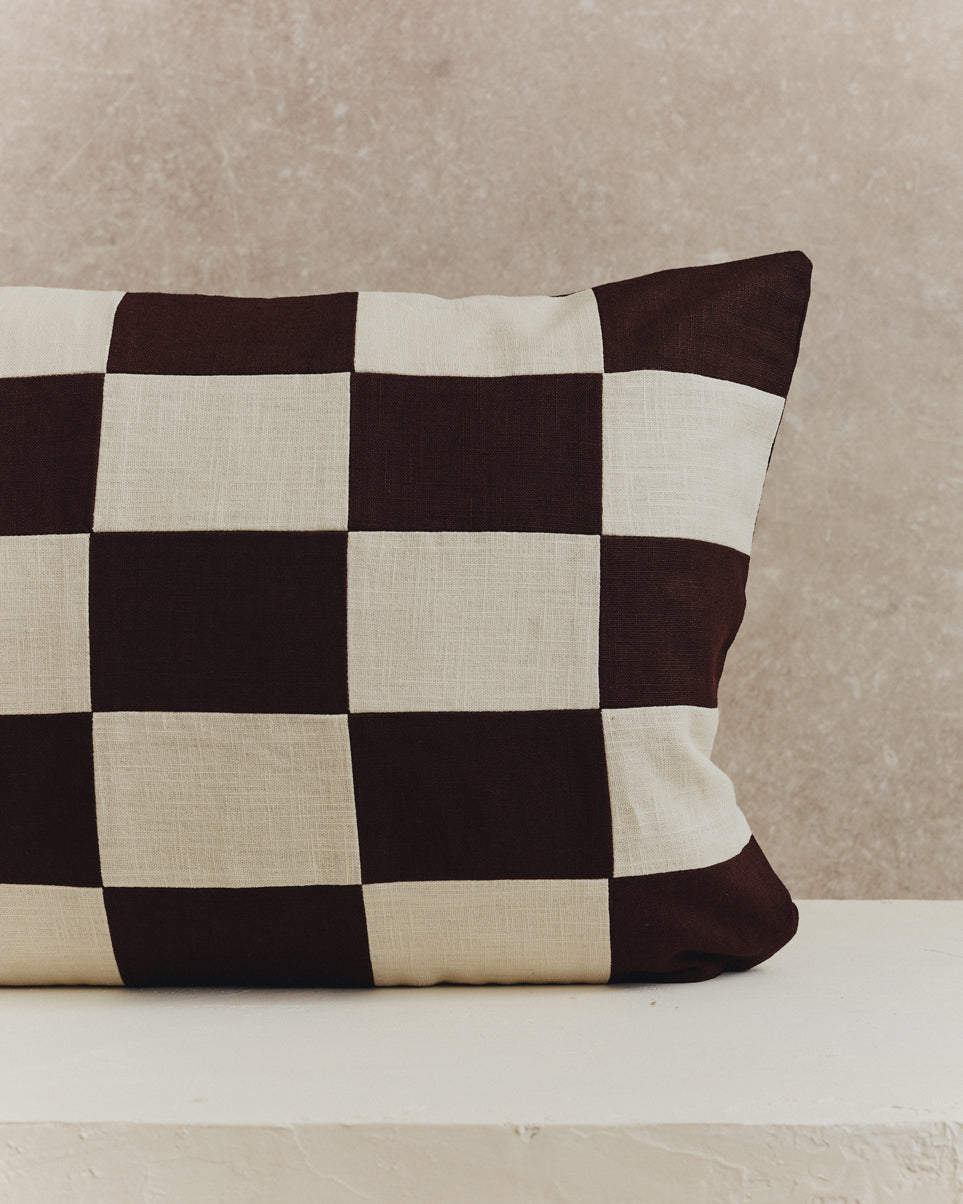 Chequered Rectangle Cushion Cover | Espresso and Ecru