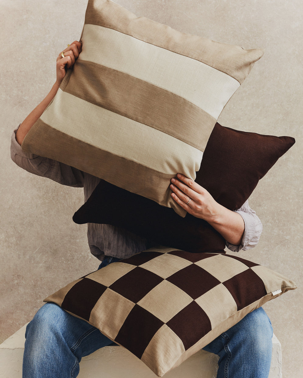 Chequered Cushion Cover | Stone and Espresso