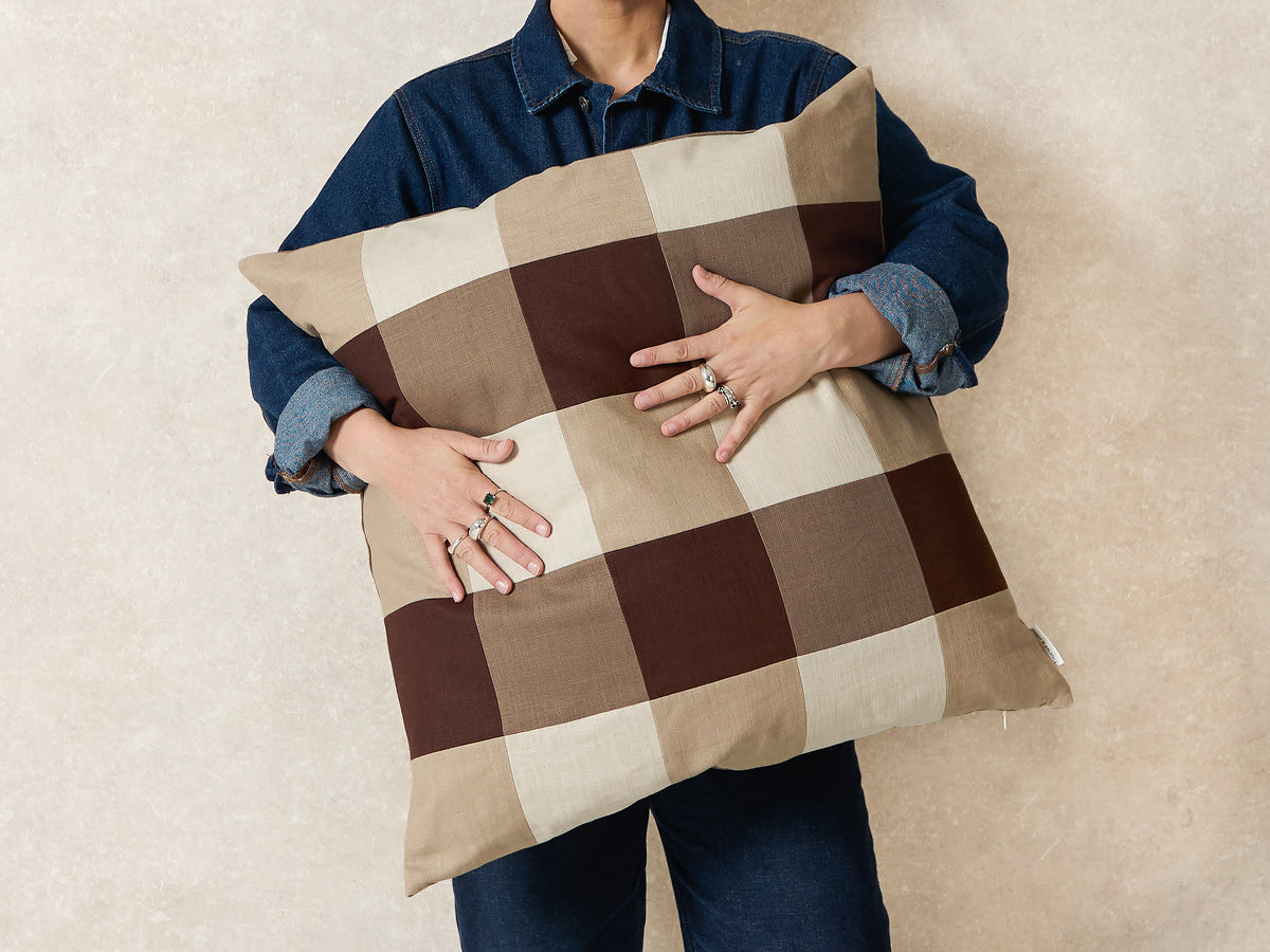 Maxi Square Chequered Cushion Cover, Espresso, walnut, stone and natural (4 of 6)