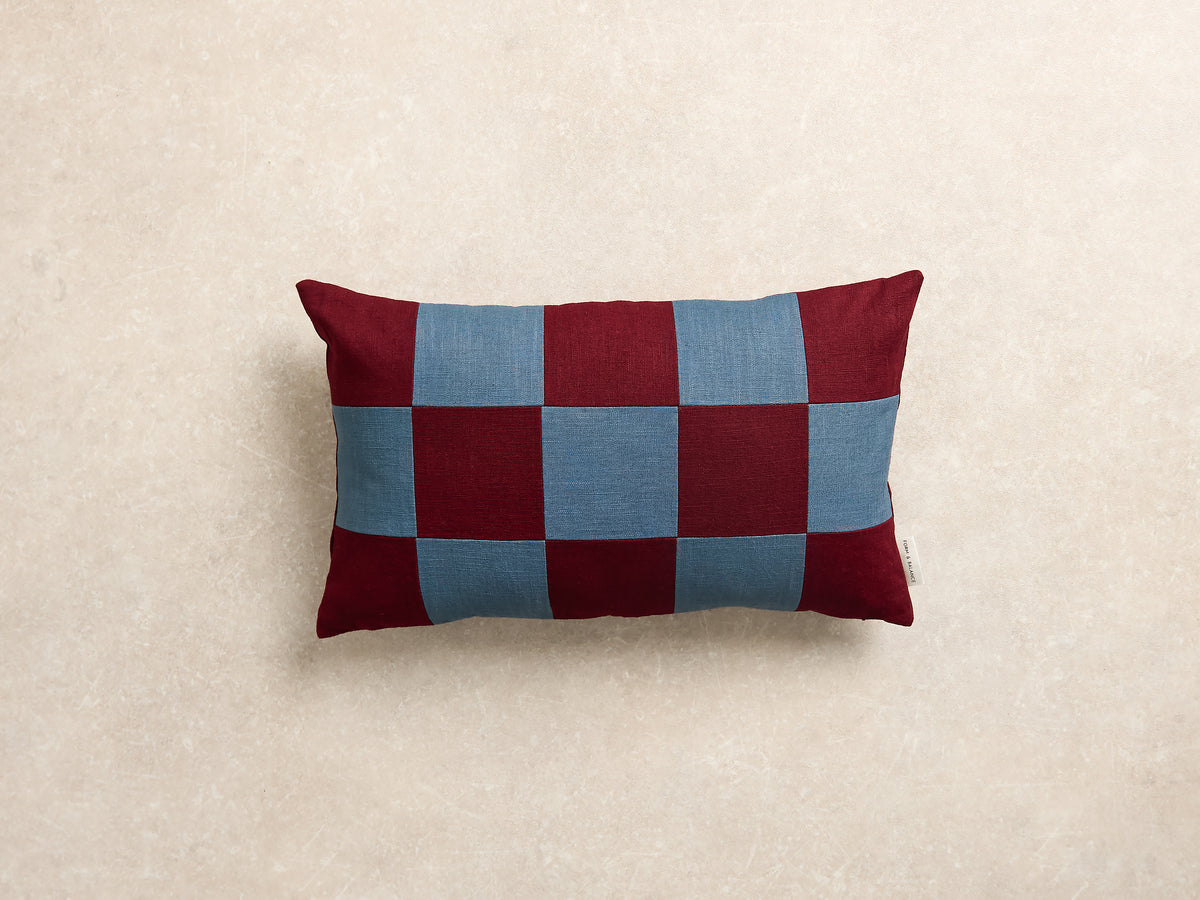 Chequered Cushion Cover, Rectangle, Burgundy and denim (1 of 4)