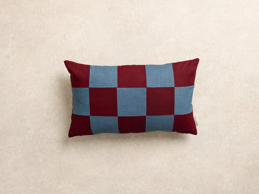 Chequered Cushion Cover, Rectangle, Burgundy and denim (1 of 4)