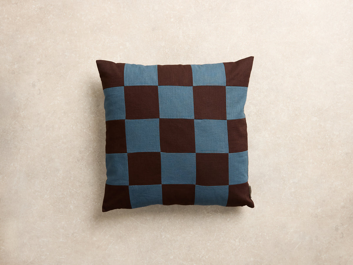 Chequered Cushion Cover, Square, Espresso and denim (1 of 4)