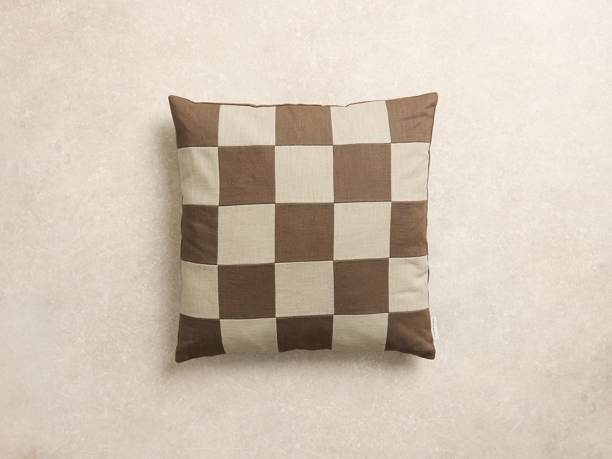 Chequered Cushion Cover, Square, Walnut and natural (1 of 3)