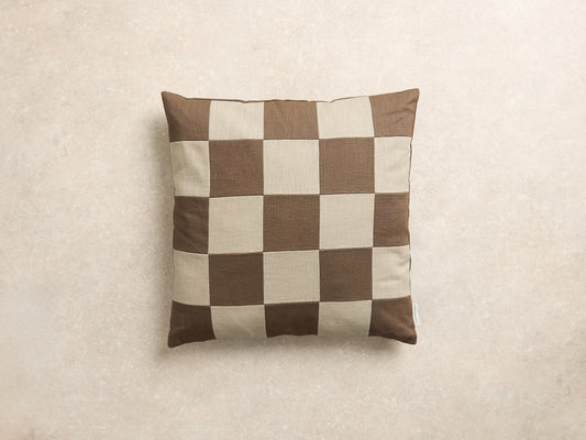 Chequered Cushion Cover, Square, Walnut and natural (1 of 3)