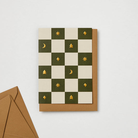Checkerboard Christmas Green Seasonal  Christmas Card